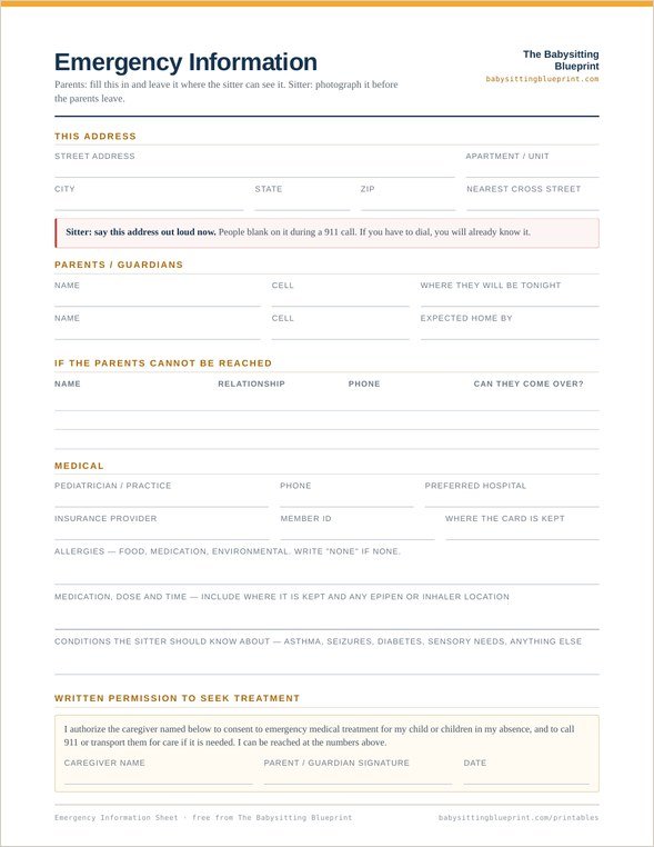 Emergency Information Sheet preview
